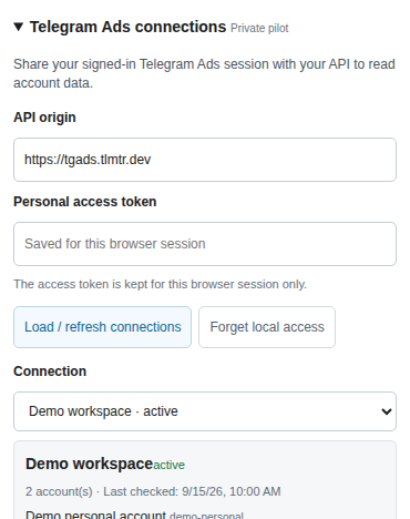 Extension popup with an active Demo workspace connection, example accounts and session management buttons