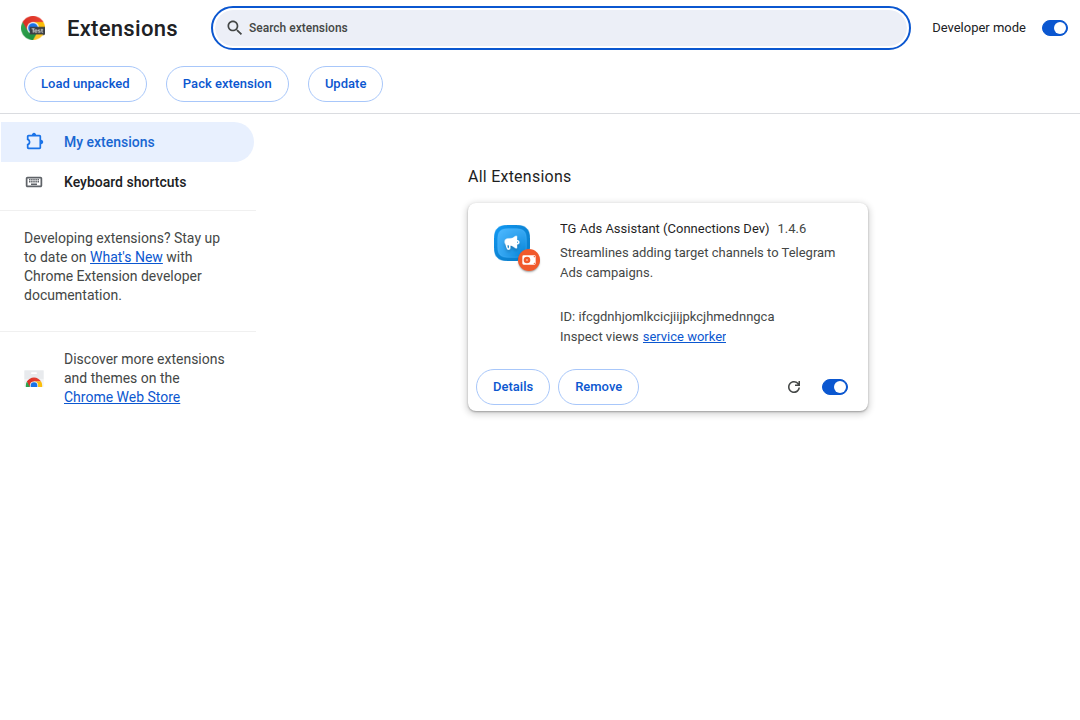 Chrome Extensions with Developer mode enabled and TG Ads Assistant Connections Dev installed
