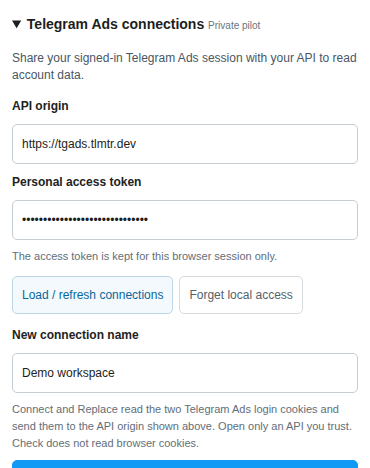 Extension popup showing the dev API origin, masked personal token, connection name and Connect Telegram Ads button